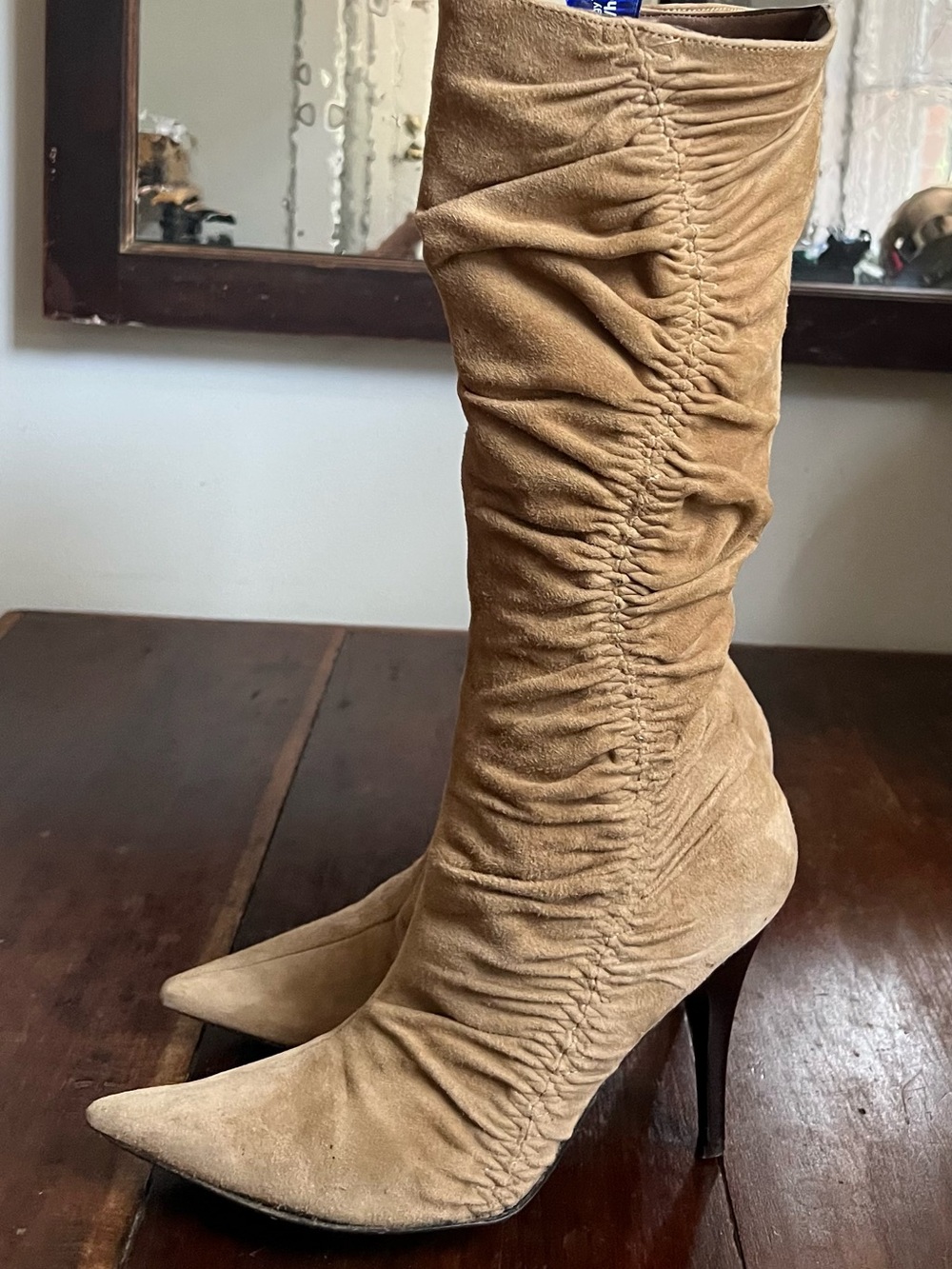 Vintage circa 2005 Steve Madden Tan Suede Ruched Pointed-Toe Knee-high Boots